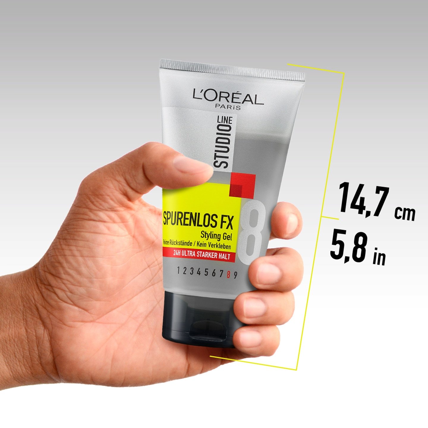 Studio Line Spurenlos FX Styling Gel Ultra Starker Halt 24 - Packshot mit Abmessungen